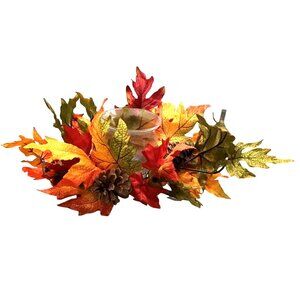 THANKSGIVING MAPLE LEAF ARRANGEMENT WITH CENTER GLASS VASE CANDLE HOLDER